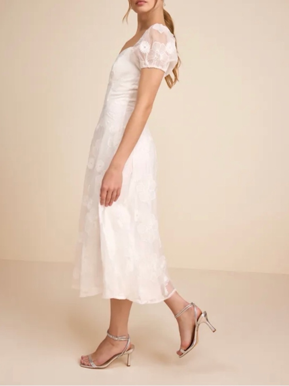 Lulus NWT “Sweetest Behavior” White Embroidered Puff Sleeve Midi Dress Sz Small - Picture 14 of 14